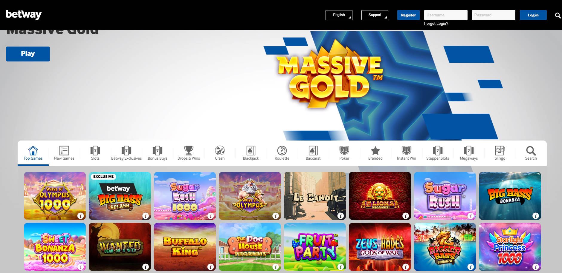 Betway homepage screenshot