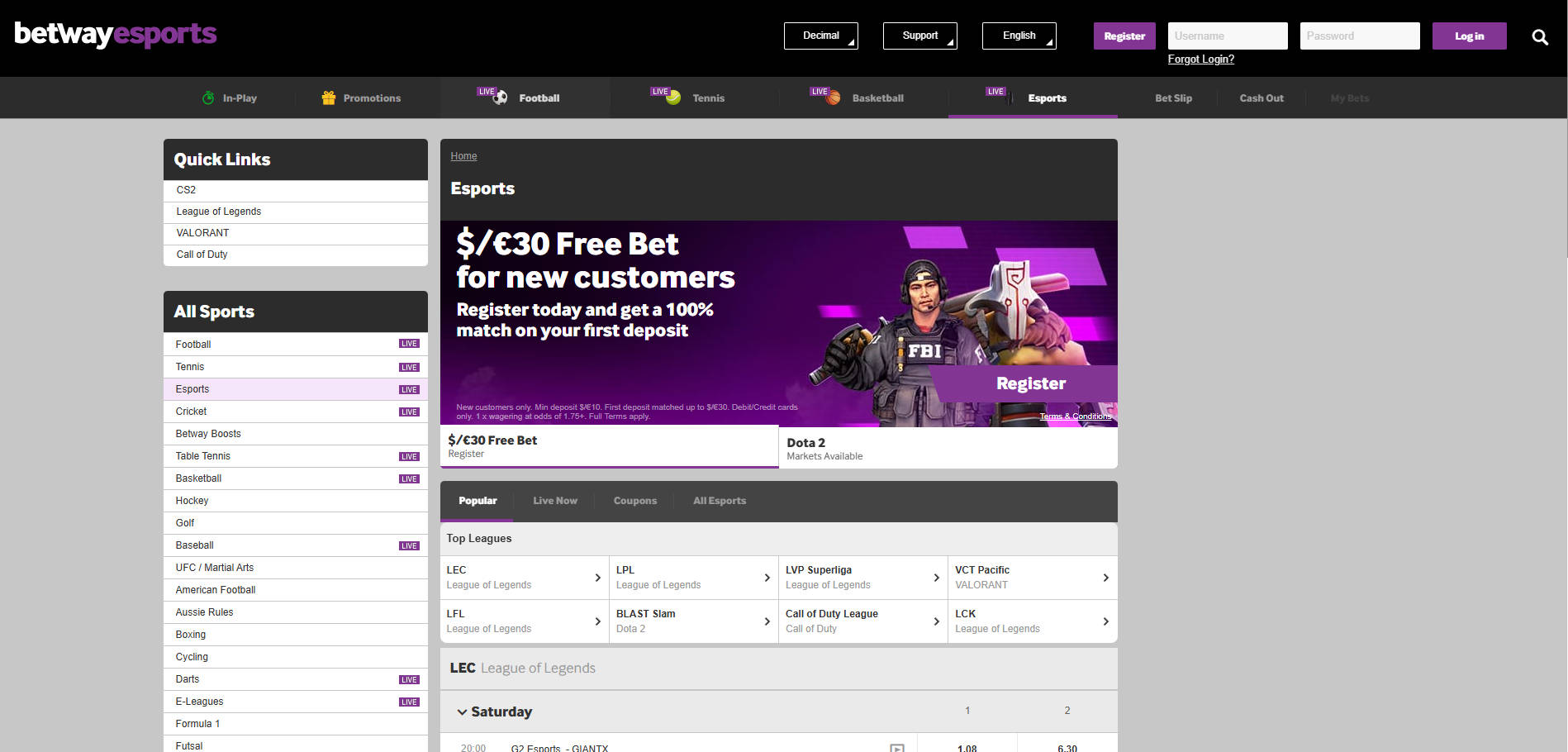 Betway mobile app interface